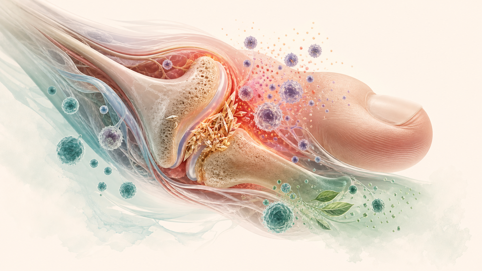 Editorial science illustration of urate crystals and immune activation in a toe joint during a gout flare.