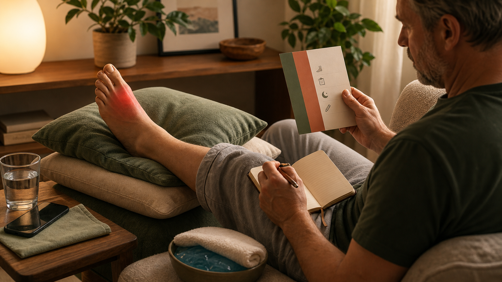Person with a painful red toe resting the foot on pillows while keeping water, phone, cold setup, and a written flare plan within reach.