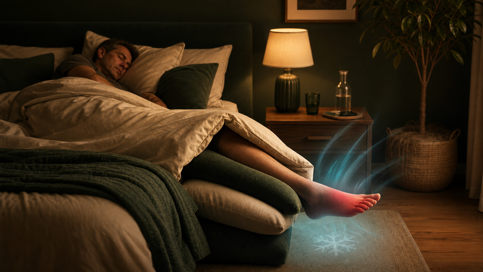 Person sleeping with a flaring foot supported outside the bedding so the joint avoids pressure.