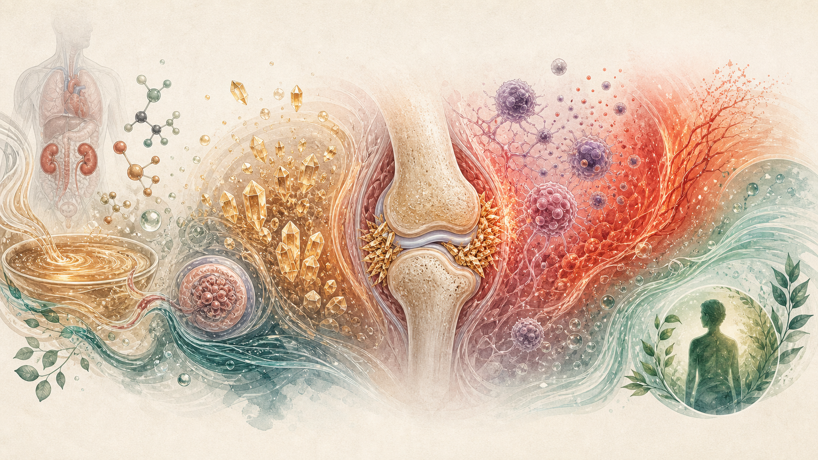 Editorial science illustration showing urate chemistry flowing into crystals, a joint, immune activation, inflammation, and resolution cues.