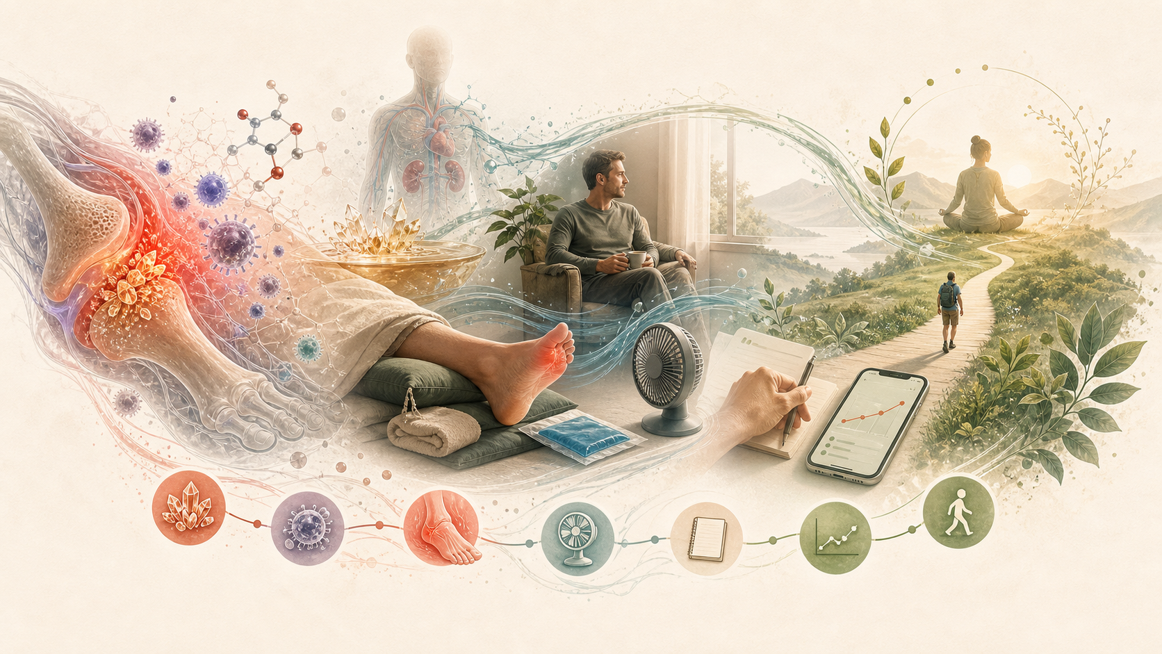 Wide editorial illustration of gout care showing a flaring foot, crystals, immune signals, cooling setup, tracking, and a recovery path.