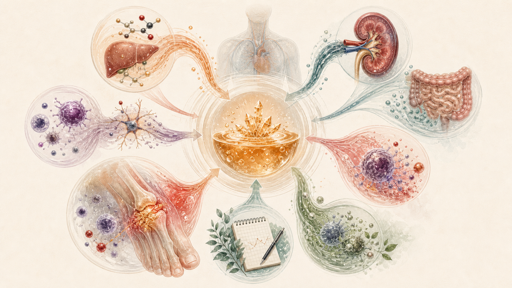 Body-system map with kidney, gut, liver, joint, immune, tracking, and resolution symbols feeding into a central urate and crystal target.