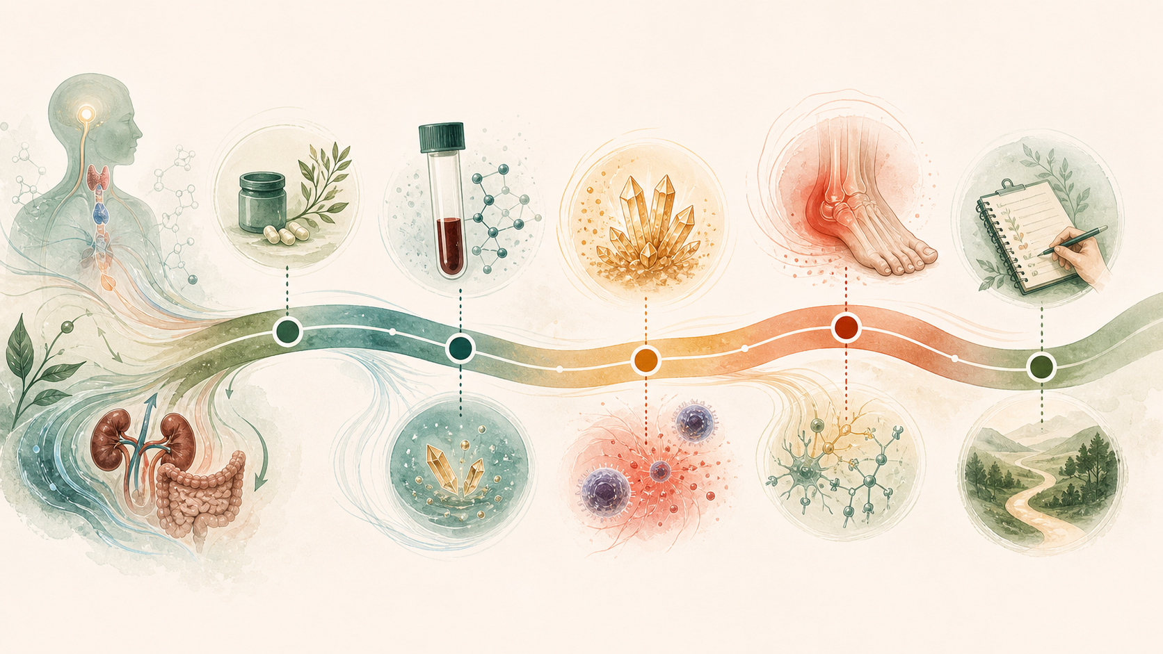 Timeline illustration connecting hormone organs, medicine, a blood tube, urate crystals, a flaring foot, and a tracking clipboard.