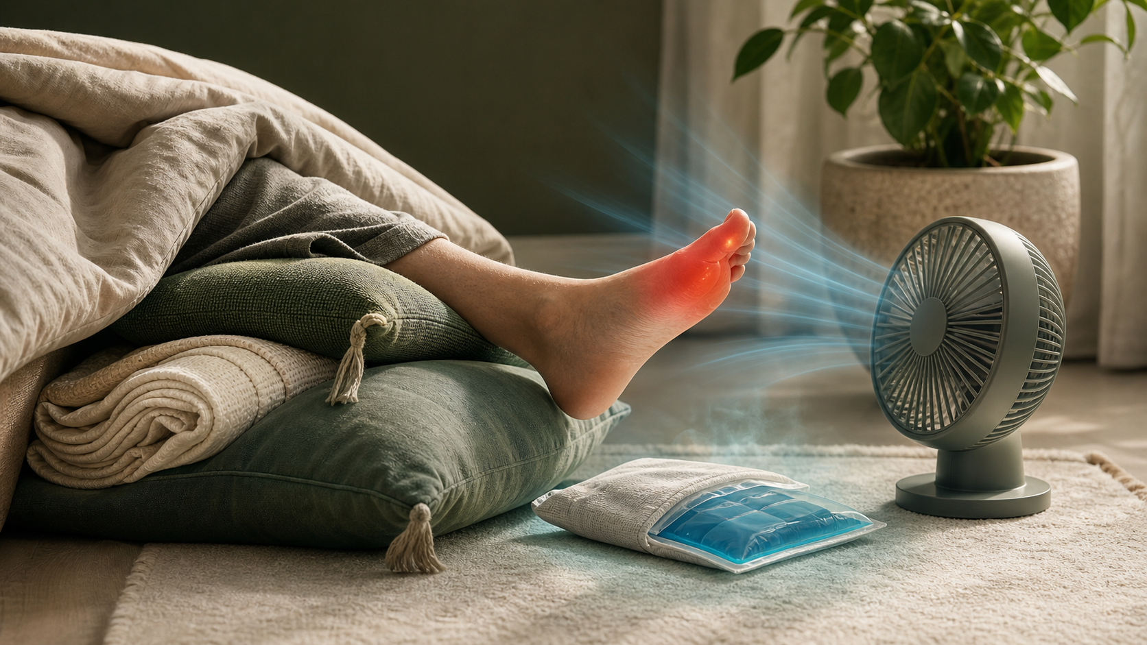 Foot with a gout flare supported on pillows while cool air and a nearby cold pack cool the joint without pressing on it.