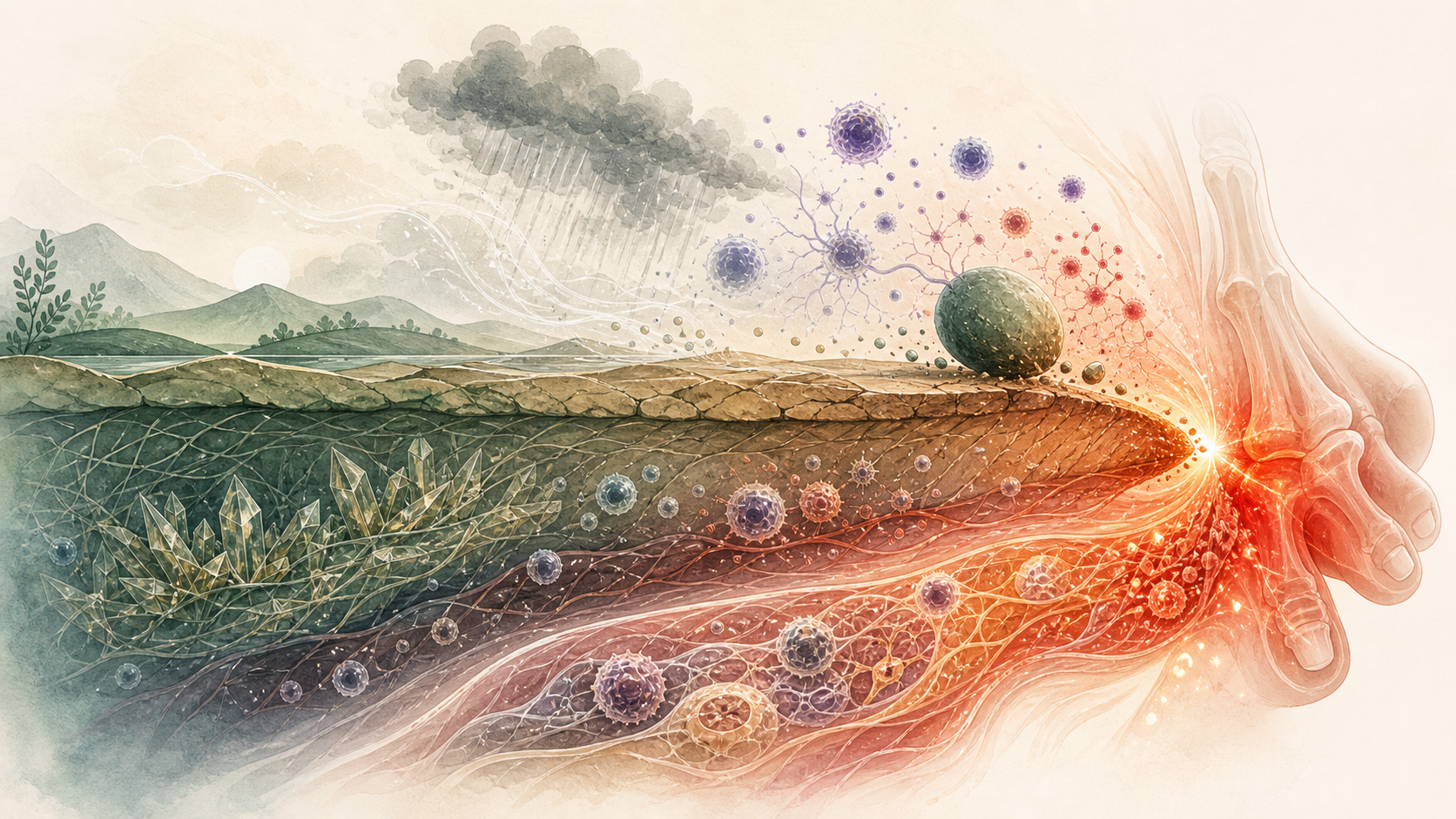 Illustration of a landscape-like body system with urate crystals beneath the surface, immune cells, stress cues, and a flare lighting up in a toe joint.