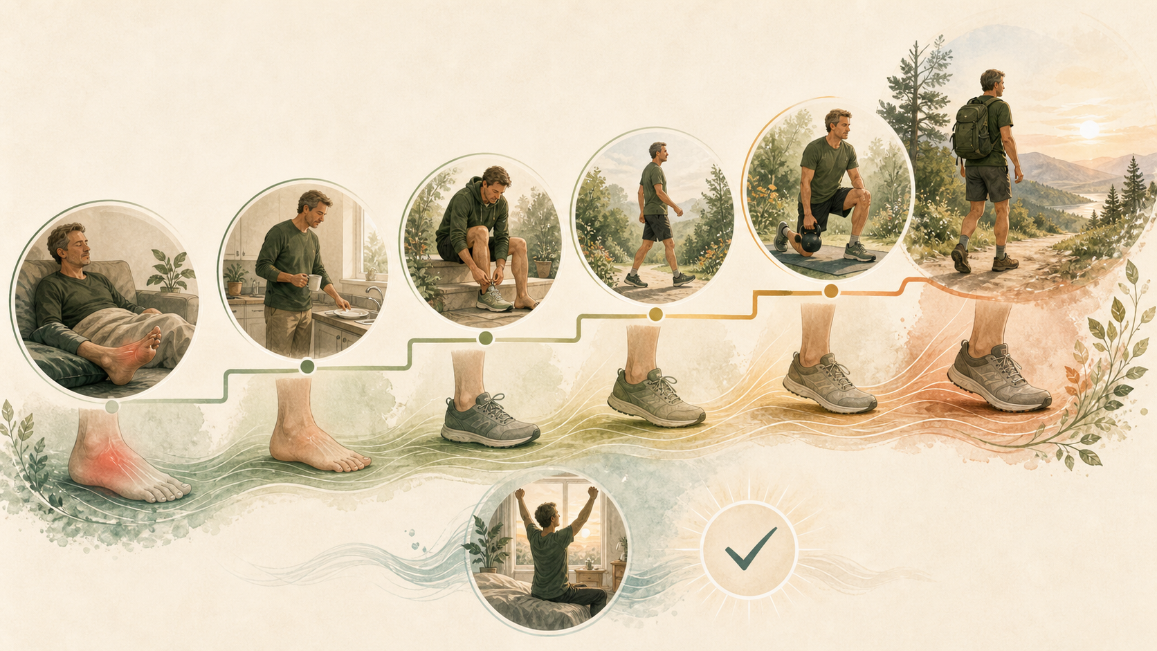 Illustration of a person moving from resting with a painful foot through household activity, shoe tolerance, walking, light training, and hiking.