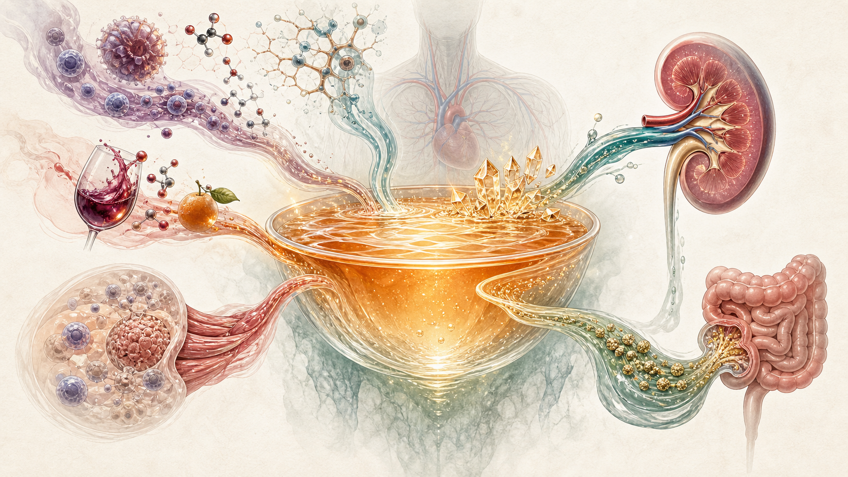 Editorial science illustration of urate load flowing into a central pool with kidney and gut clearance routes.
